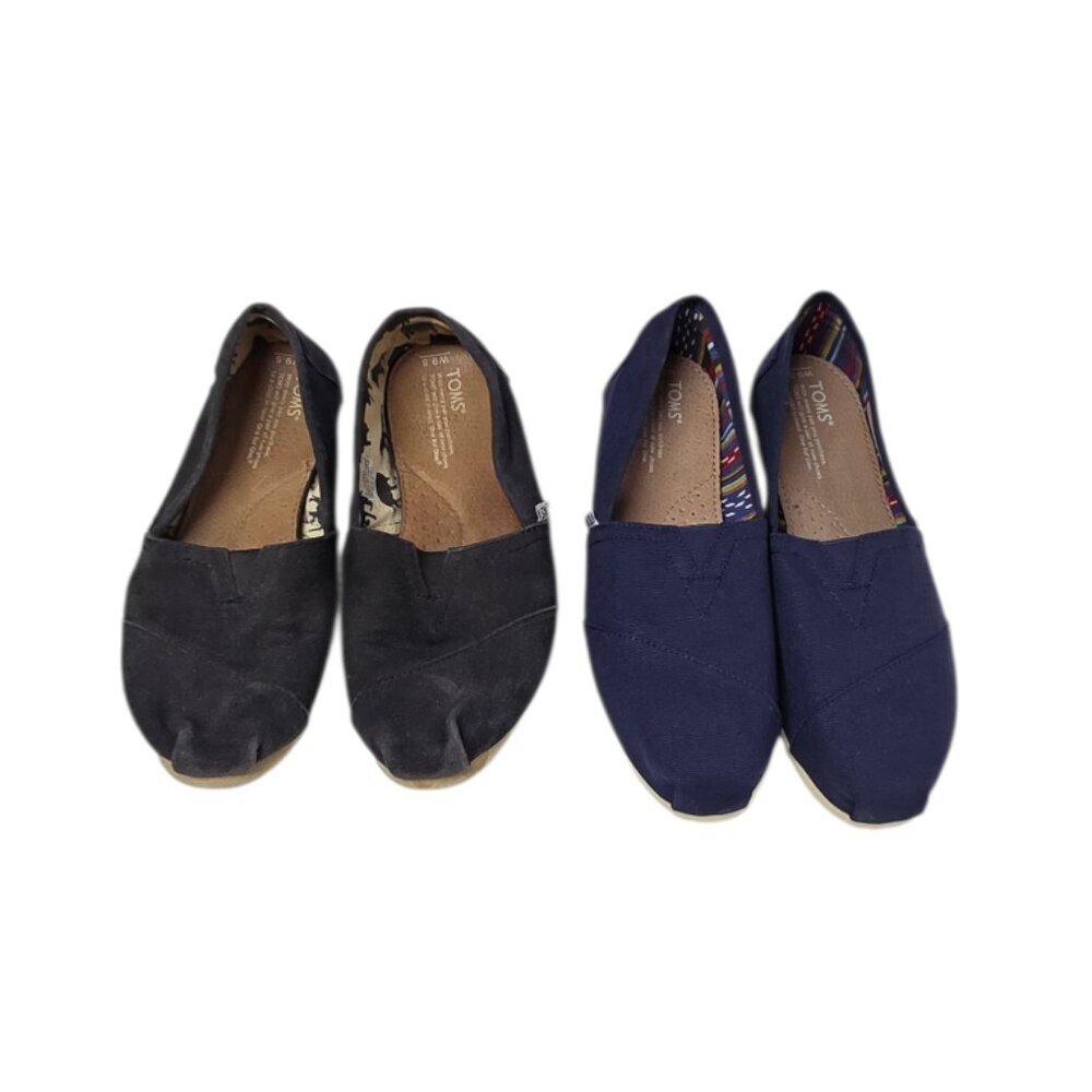 Toms Classic Slip On Flat Shoes, Casual, 2 Pairs, Blue/Black, Canvas, Size 9.5